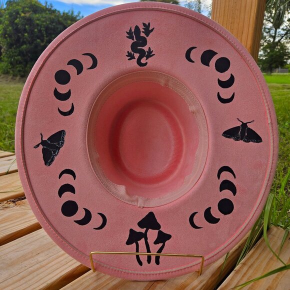 Pink vegan suede celestial hand painted wide brim hat main image 7
